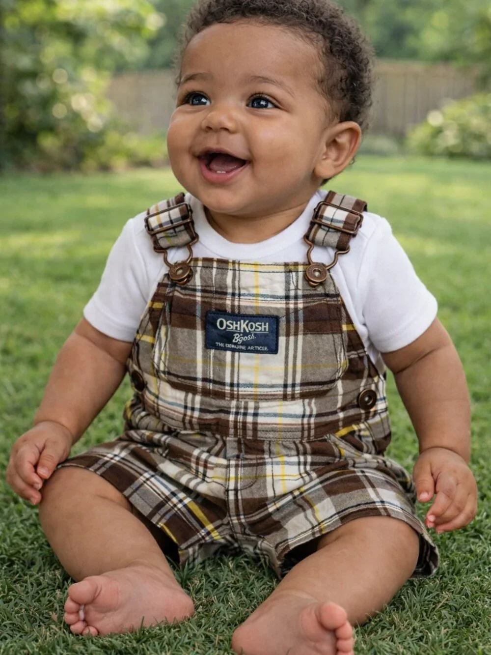 Vintage OshKosh B’Gosh Shortall Set 6M Plaid Baby Boy Overalls Retro Summer - Picture 2 of 3